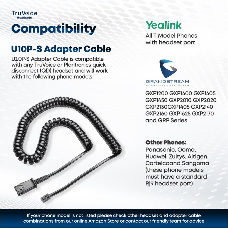 TruVoice U10P-S Adapter 38099-01 for Plantronics Quick Disconnect (QD) Headsets - RJ9 Jack is Compatible with Yealink, Grandstream, Ooma and Snom Desk Phones - Image 2